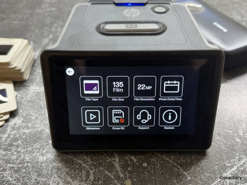 Settings on the HP FilmScan 5" TouchScreen Film Scanner