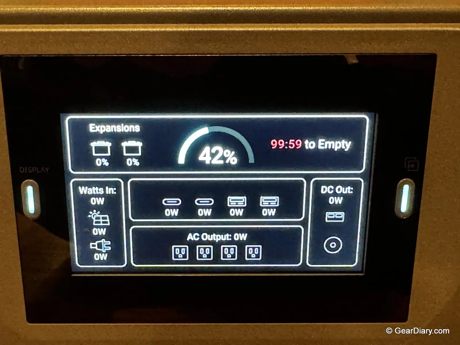 Close-up of the 2200X smart display showing battery level, power draw, and remaining runtime — from GearDiary review