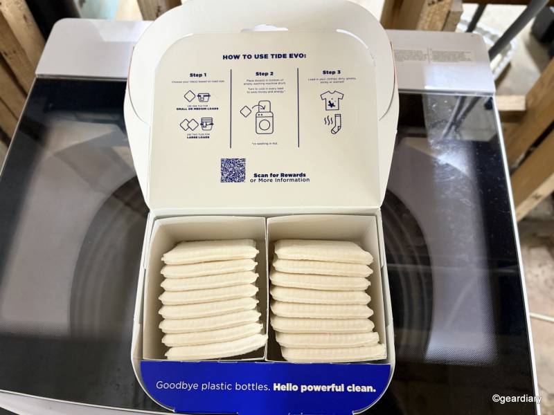 Tide Evo Reimagines Laundry Detergent with a 6-Layer Dissolvable Tile for Cold Water Washing 2 Tide evo tiles in retail box
