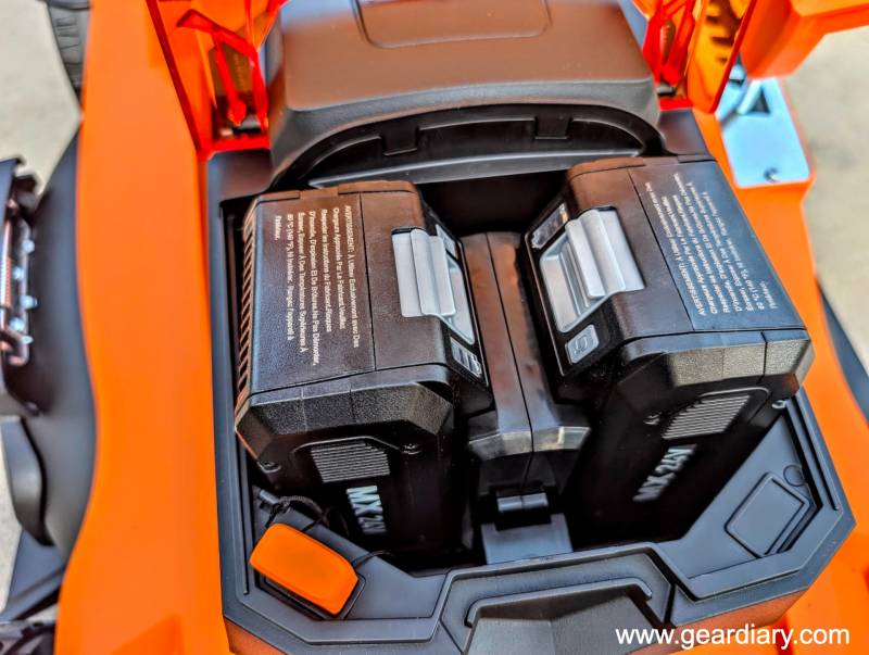 LawnMaster 48V Max 3-in-1 Brushless 19” Cordless Lawn Mower Review: Quiet, Lightweight, and Ready to Cut the Cord 2 LawnMaster 48V Max 3-in-1 Brushless 19” Cordless Lawn Mower's batteries.