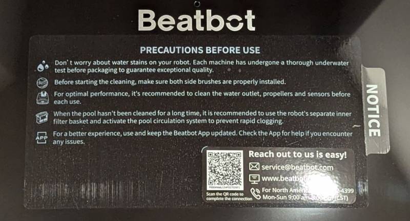Beatbot AquaSense 2 Ultra AI Robotic Pool Cleaner Review: It Cleans Your Pool Even at Night 19 Beatbot AquaSense 2 Ultra warning sticker