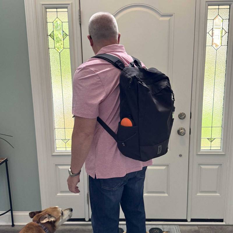 Chrome Industries Recruit 22L Pack Review: A Tough, Nimble Day Tripper That's Easy to Live With! 30 Side view of the author wearing the Chrome Industries Recruit 22L Pack