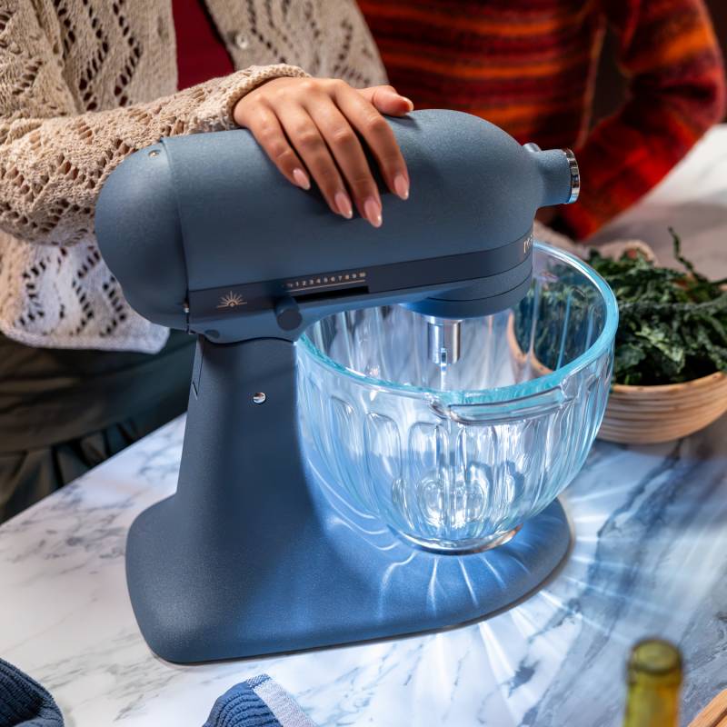 KitchenAid Design Series Luminaire Lights Up the Countertop with an Illuminated Glass Bowl and Blue Peppercorn Style 7 KitchenAid Design Series Luminaire Stand Mixer