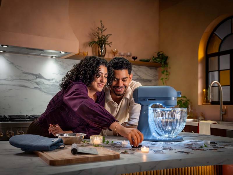 KitchenAid Design Series Luminaire Lights Up the Countertop with an Illuminated Glass Bowl and Blue Peppercorn Style 6 KitchenAid Design Series Luminaire Stand Mixer