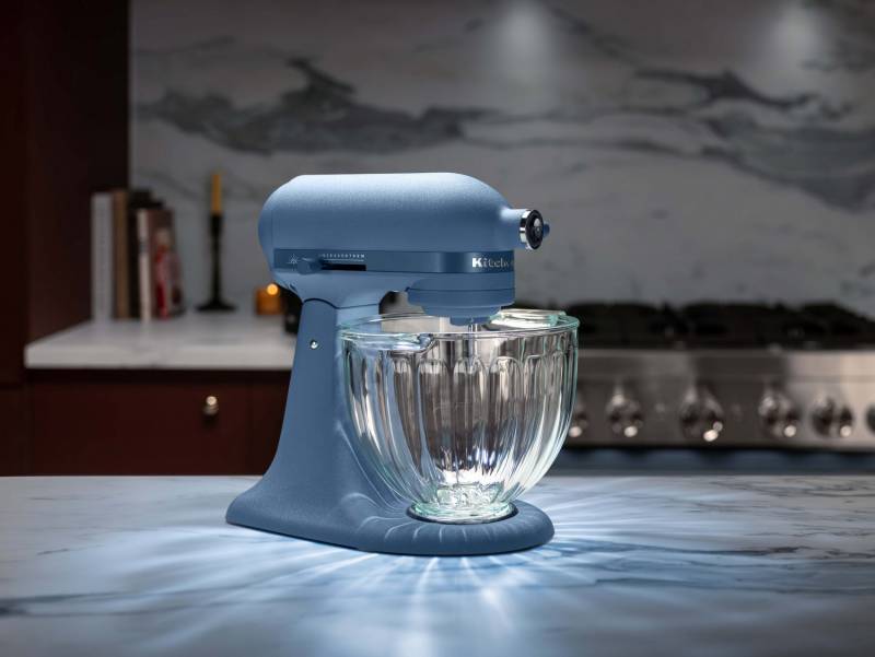KitchenAid Design Series Luminaire Lights Up the Countertop with an Illuminated Glass Bowl and Blue Peppercorn Style 1 KitchenAid Design Series Luminaire Stand Mixer