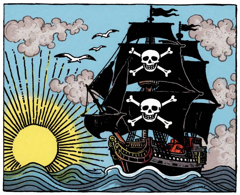 VPN: Verified Probably Not Necessary, but Here’s When It Actually Is 5 A two-masted pirate ship on sea waves with clouds in the sky and the shun going down on it's side.