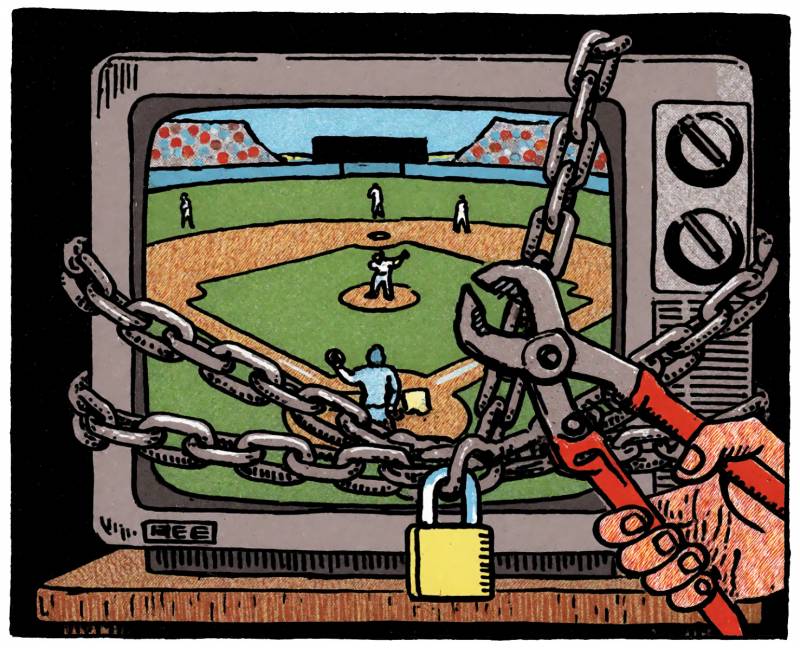 VPN: Verified Probably Not Necessary, but Here’s When It Actually Is 4 A television bound in chains while a baseball game plays on its screen; a hand is holding bolt-cutters.