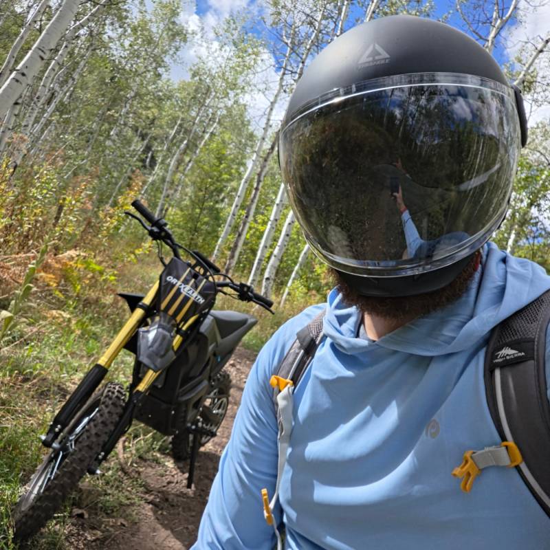 Oryxearth VRME1000-5 Lightweight Off-Road Electric Dirt Bike Review: A Great Starter Dirt Bike for Teens or Teen-Sized Adults 19 The author on the Oryxearth VRME1000-5 Lightweight Off-Road Electric Dirt Bike