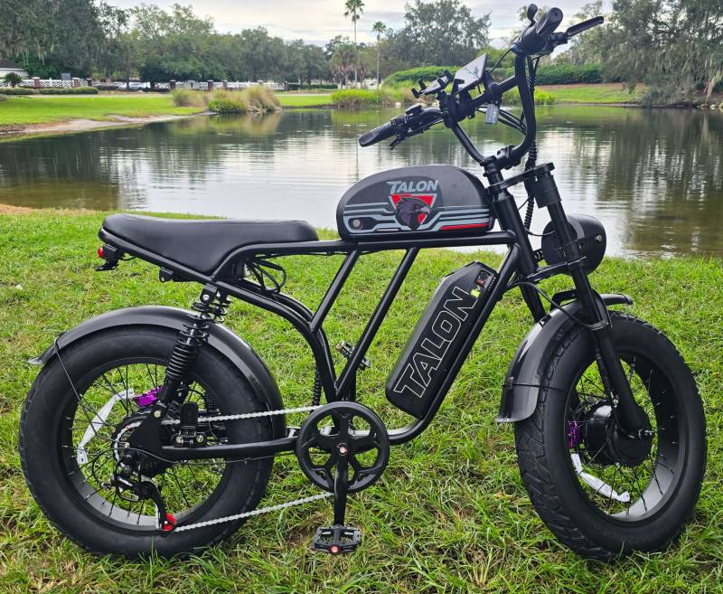 Talonebike Talon T787 Patriot Limited Edition Dual Motor Ebike parked on a lawn in front of a lake