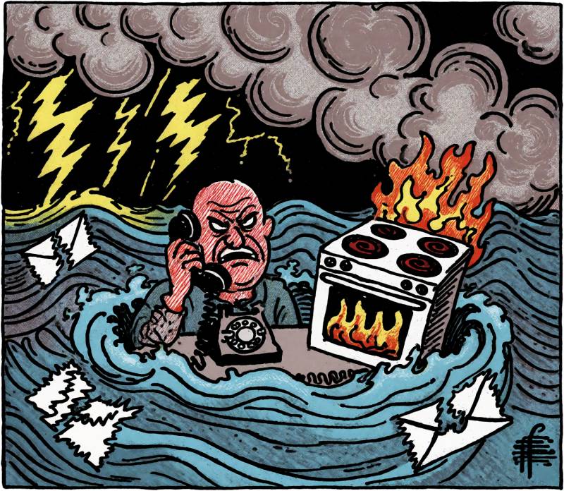 My Descent Into the Seven Circles of Whirlpool: How a Defective Oven Became a Customer Service Disaster 12 A graphic of an angry man on the phone with a buring oven inside a whirlpool