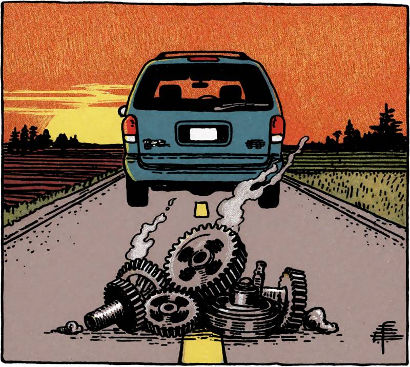 My Descent Into the Seven Circles of Whirlpool: How a Defective Oven Became a Customer Service Disaster 14 A minivan drives down a road with componants left smoking behind it.