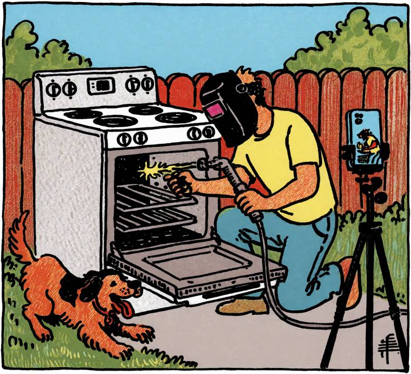 My Descent Into the Seven Circles of Whirlpool: How a Defective Oven Became a Customer Service Disaster 15 Graphic of a man using a torch on the inside of an oven while filming it with his smartphone.