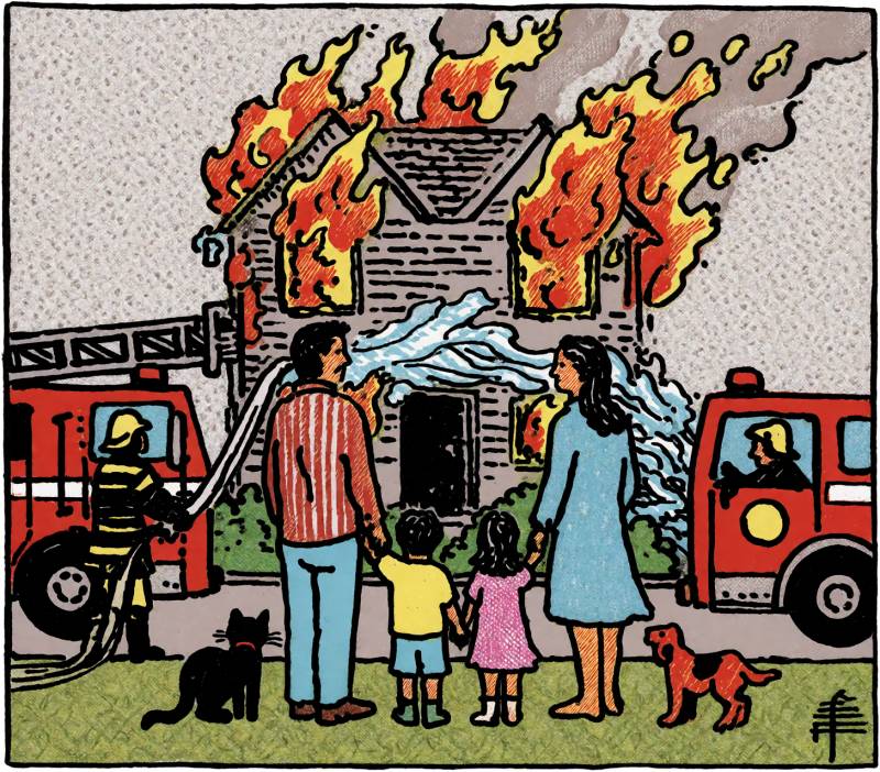 My Descent Into the Seven Circles of Whirlpool: How a Defective Oven Became a Customer Service Disaster 13 Graphic of a house on fire with firetrucks and firemen as a family looks on while standing outside.