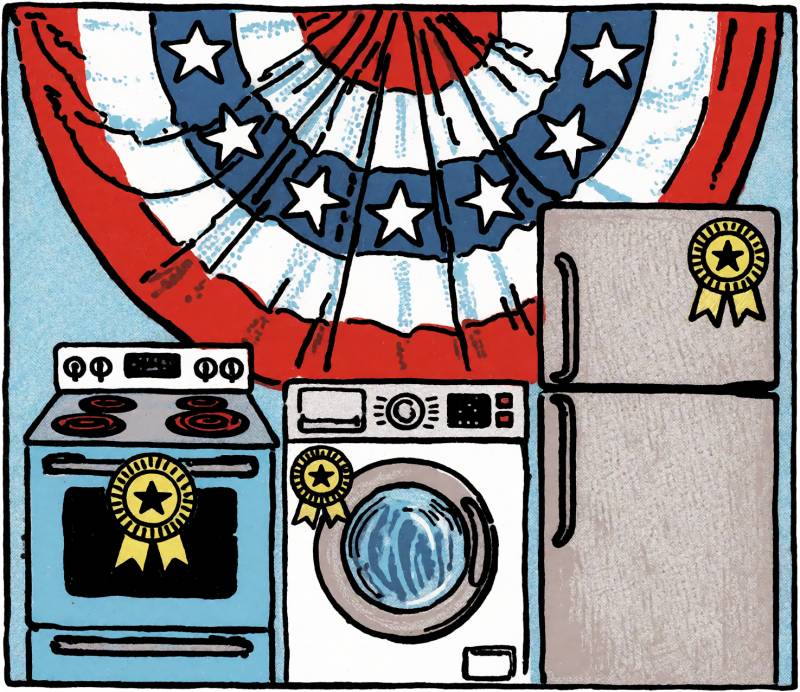 My Descent Into the Seven Circles of Whirlpool: How a Defective Oven Became a Customer Service Disaster 16 Image of a range, washing machine, and refrigerator with ribbons on them under a red, white, and blue banner.