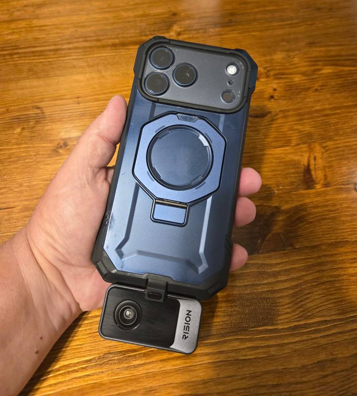 RISION Magic Pro AI Dual-Light Smartphone Thermal Camera Review: Turn Your Phone into a Thermal Camera to Uncover Hidden Hot Spots 3 RISION Magic Pro attached to the author's iPhone.